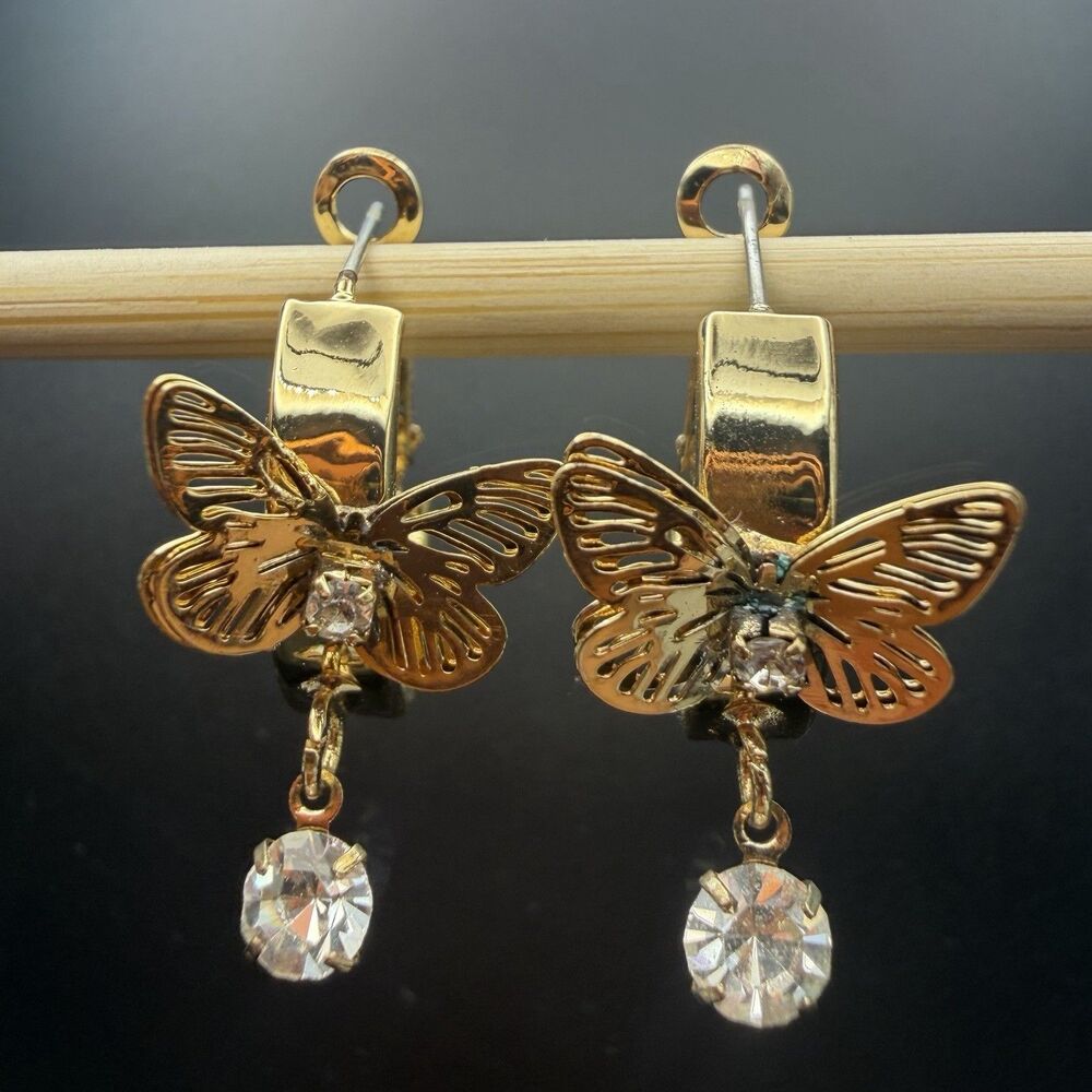 Vintage Gold Tone Butterfly Dangle Earrings Clear Crystal Rhinestone Hoop Drop